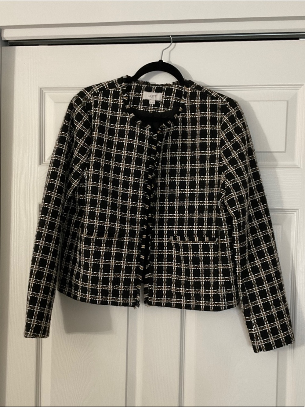 LOFT Black and White Plaid Collarless Tweed Jacket
